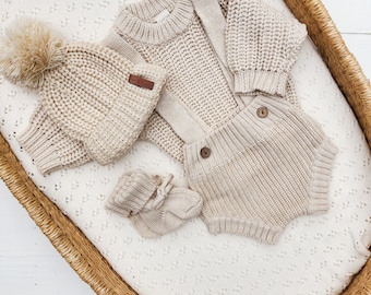 Baby Newborn Knit Outfit Sweater and Bloomer Suspenders Booties Cotton Chunky Matching Set Long Sleeve newborn Dressy Casual PARKER Set