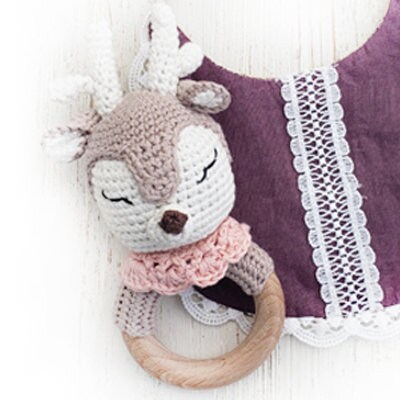 Crochet deer Wooden Teether Natural baby Rattle