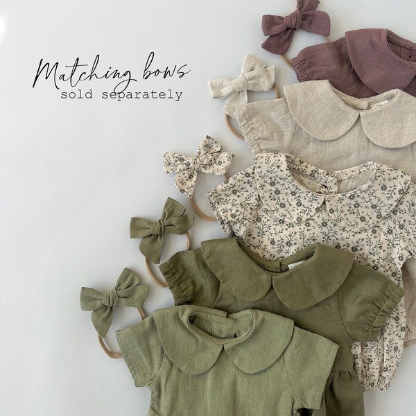 Baby Girl Romper LINEN Bubble Neutral Spring summer colors Short Sleeve Peter Pan Collar Button Back French Country Baby ALLIE