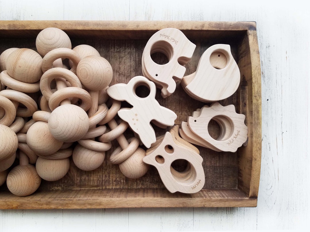 Baby Wooden Toys Natural Organic Maple Wood Baby Toys 4pk Owl, Elephant