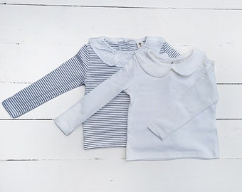 Girls White Collar uniform shirt or Striped with Ruffled Collar Dressy Undershirt or Romper dress up school Shirt