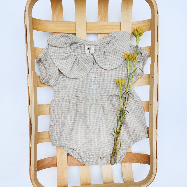 Baby Girl GINGHAM Romper Neutral Spring summer Fall colors Short long Sleeve Peter Pan COLLAR Button front Country Baby ADALIA