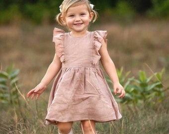 Baby Girl LINEN or cotton Ruffled DRESS Spring summer Sleeveless Button Back French Country Gabriella Above the knee Style Bubble DRESS