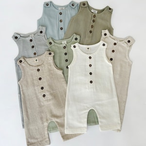 Baby Boy Linen Romper Jumpsuit One piece Buttoned Neutral Spring Easter summer colors Sleeveless long Pants