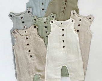 Baby Boy Linen Romper Jumpsuit One piece Buttoned Neutral Spring Easter summer colors Sleeveless long Pants