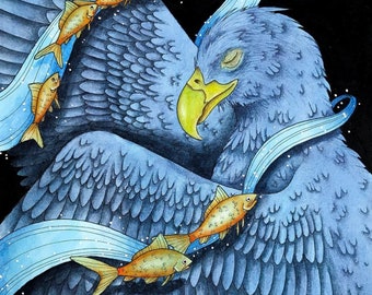 Swim Soar Original Watercolor Painting | Fantasy Eagle Fish | One of a Kind