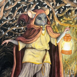May include: A watercolor painting of a mouse wearing a red hooded cloak and holding a lantern. The mouse is standing in a dark forest with thorny vines.