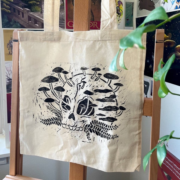 B-GRADE Mushroom Skull Tote Bag | Hand-Printed Original Design | Fantasy Nature CottageCore | Grocery Errands