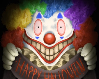 Happy Halloween Clown Giclee Art Print | Horror Scary Digital Drawing |