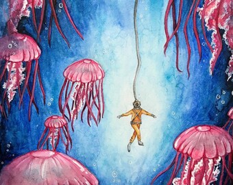 Rescue Me Original Watercolor Painting | Fantasy Diver Jellyfish One of a Kind