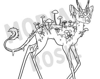 Fantasy Deer Printable Coloring Page | Mossy Mushroom Activity Sheet | Original Digital Artwork