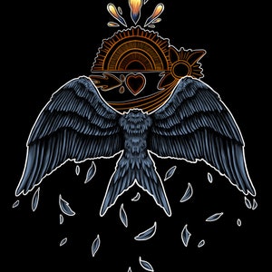 May include: A black bird with outstretched wings flying upwards towards a stylized sun with a heart in the center. The sun is surrounded by orange and yellow flames. The bird is surrounded by falling feathers.