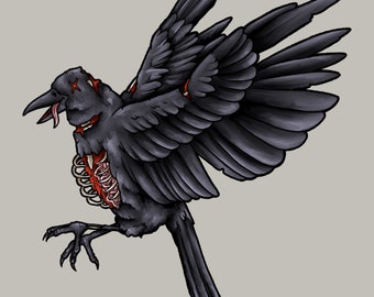 Corpse Crow Giclee Art Print | Goth Emo Alt Design | Digital Drawing | Weird Unique | Nature