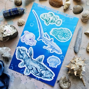 Op de afbeelding: Een vel stickers met verschillende zeedieren, waaronder een clownvis, een haai, een octopus, een nautilus en een coelacanth. Het stickervel heeft een blauwe achtergrond met witte randen rond elke sticker.