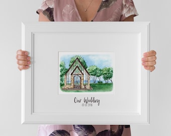 Portrait of Ceremony & Reception,Custom Wedding Venue Guest Book, Watercolor Architectural Painting, Church art, Anniversary, Christmas Gift