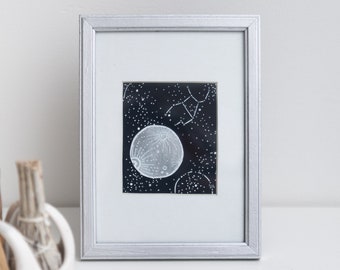 Original Gouache Framed Art, Christmas Present, Moon Cycle Painting, Silver Galaxy Stars , Abstract , Celestial Art, Mom & Girlfriend Gift