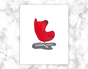 May include: A red egg-shaped chair with a swivel base. The chair is on a white background.