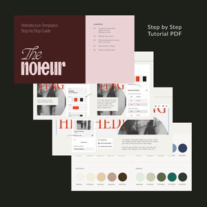May include: A digital design tutorial PDF with website icon templates. The cover features the text "The noieur" in a stylish font, with a burgundy background. The tutorial includes step-by-step instructions and colour palette examples.