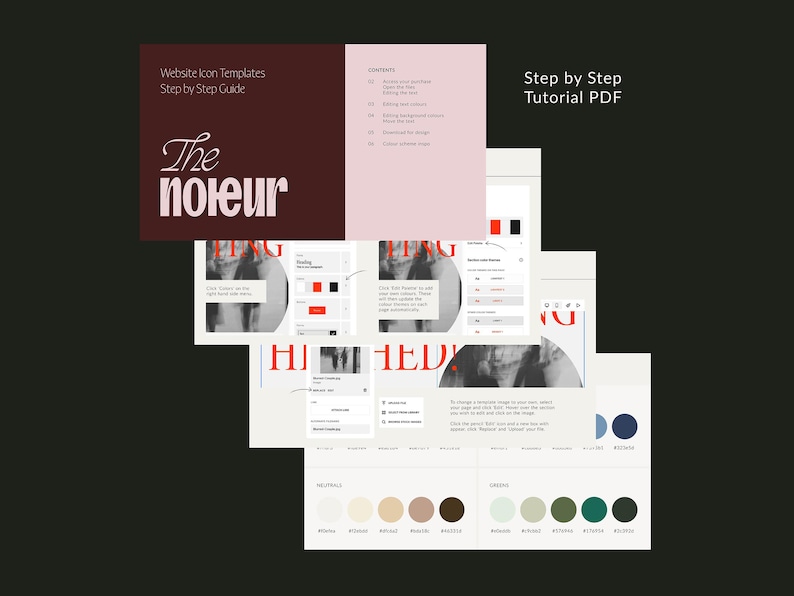 May include: A digital design tutorial PDF with website icon templates. The cover features the text "The noieur" in a stylish font, with a burgundy background. The tutorial includes step-by-step instructions and colour palette examples.