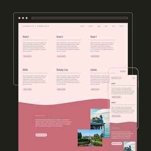 May include: A website design mockup displayed on a desktop and mobile device. The design uses a soft pink and white colour scheme with text and images. The website showcases hotel listings, B&Bs, holiday lets, and Airbnb options, with a "Book Now" button.