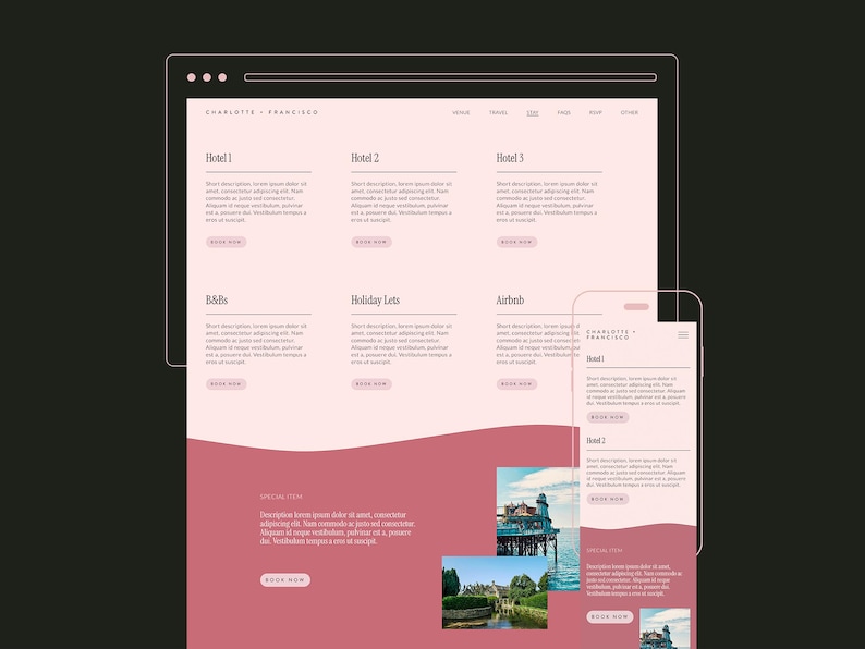 May include: A website design mockup displayed on a desktop and mobile device. The design uses a soft pink and white colour scheme with text and images. The website showcases hotel listings, B&Bs, holiday lets, and Airbnb options, with a "Book Now" button.