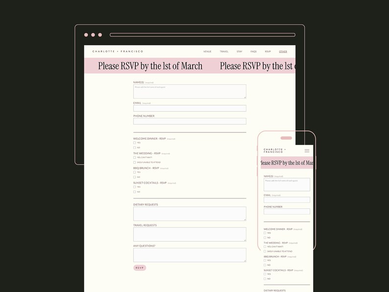 May include: A digital RSVP form displayed on a computer screen and a smartphone. The form is light pink and white, with the text "Please RSVP by the 1st of March." The form includes fields for name, email, and phone number.