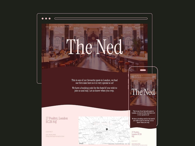 May include: A website and smartphone screen show a webpage for "The Ned" in London. The webpage displays a photo of a restaurant interior with the text "The Ned" in large white letters. Further text provides location and booking details.