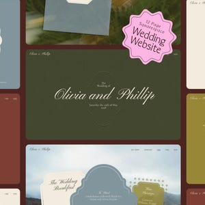 May include: A 12-page Squarespace wedding website template featuring a dark green hero section with the text Olivia and Phillip, Saturday the 20th of May 2028. The layout includes various pages with muted color blocks, elegant typography, and photo frames.