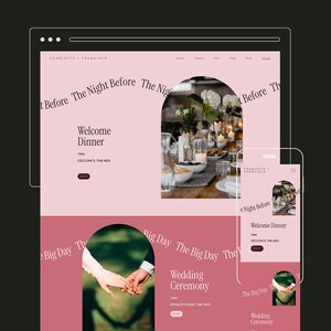 May include: A website design mockup with a wedding theme, displayed on a desktop and mobile device. The design uses a pink and white colour scheme. Text includes "Welcome Dinner" and "Wedding Ceremony".
