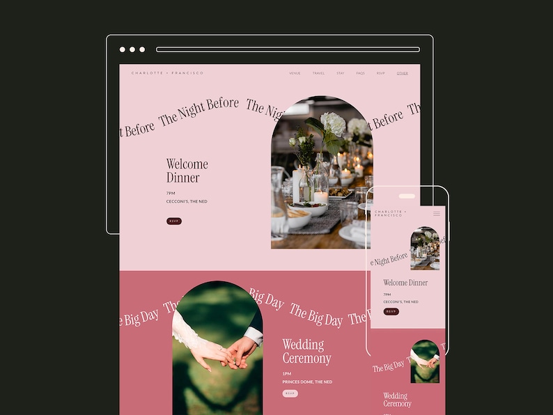 May include: A website design mockup with a wedding theme, displayed on a desktop and mobile device. The design uses a pink and white colour scheme. Text includes "Welcome Dinner" and "Wedding Ceremony".