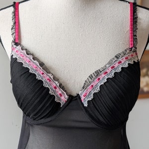 Vintage Y2K Sheer Black Lingerie Dress with Lace Trim and Pink Ribbon Detail