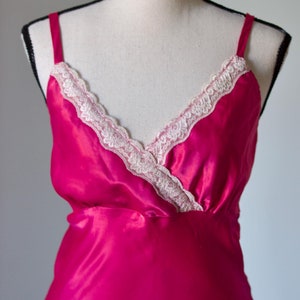 Vintage 1990s Hot Pink Satin Slip Dress Mini Chemise with Ivory Lace Trim, Spaghetti Straps, Sexy Lingerie Nightie, Size M/L