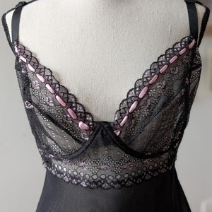 Vintage Y2K Sheer Black Lingerie Dress with Pink Ribbon Detail | Size 2X