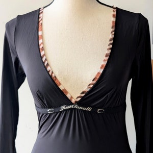Vintage Just Cavalli Black Long Sleeve Bodysuit Deep V-Neck with Animal Print Trim, Logo Detail, Y2K Designer Lingerie One-Piece, Size M