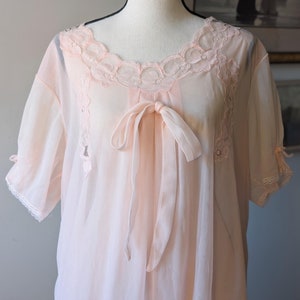 Vintage 50s Sheer Pink Midi Slip Dress – Lace Trim & Bow Detail | Size M