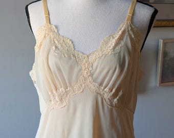 Vintage 50s Ivory Midi Slip Dress – Sheer Bodice & Pleated Hem, Romantic Lingerie, Mid-Century Elegance | Size M