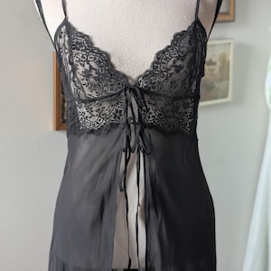 Vintage Y2K Sheer Black 100% Silk Lingerie Top – 2001 Victoria’s Secret, Lace Bodice, Tie Bow Details