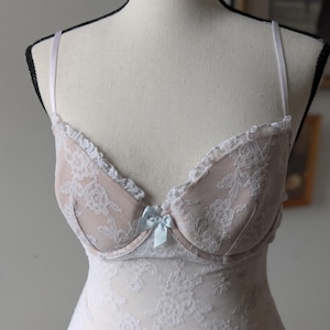 Vintage Y2K Victoria's Secret Sheer White Lace Mini Lingerie Dress with Ruffle Back | 34 D