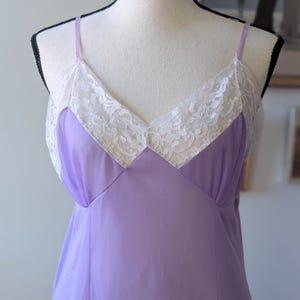 Vintage 50s Sheer Purple Midi Slip Dress with White Lace Trim | Size S, M