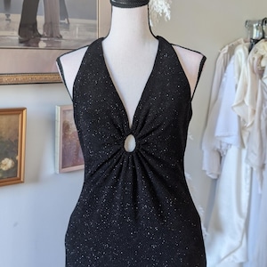 Vintage 1970s Black Glitter Halter Gown – Keyhole Front, Backless Maxi Dress, Studio 54 Disco Evening Wear
