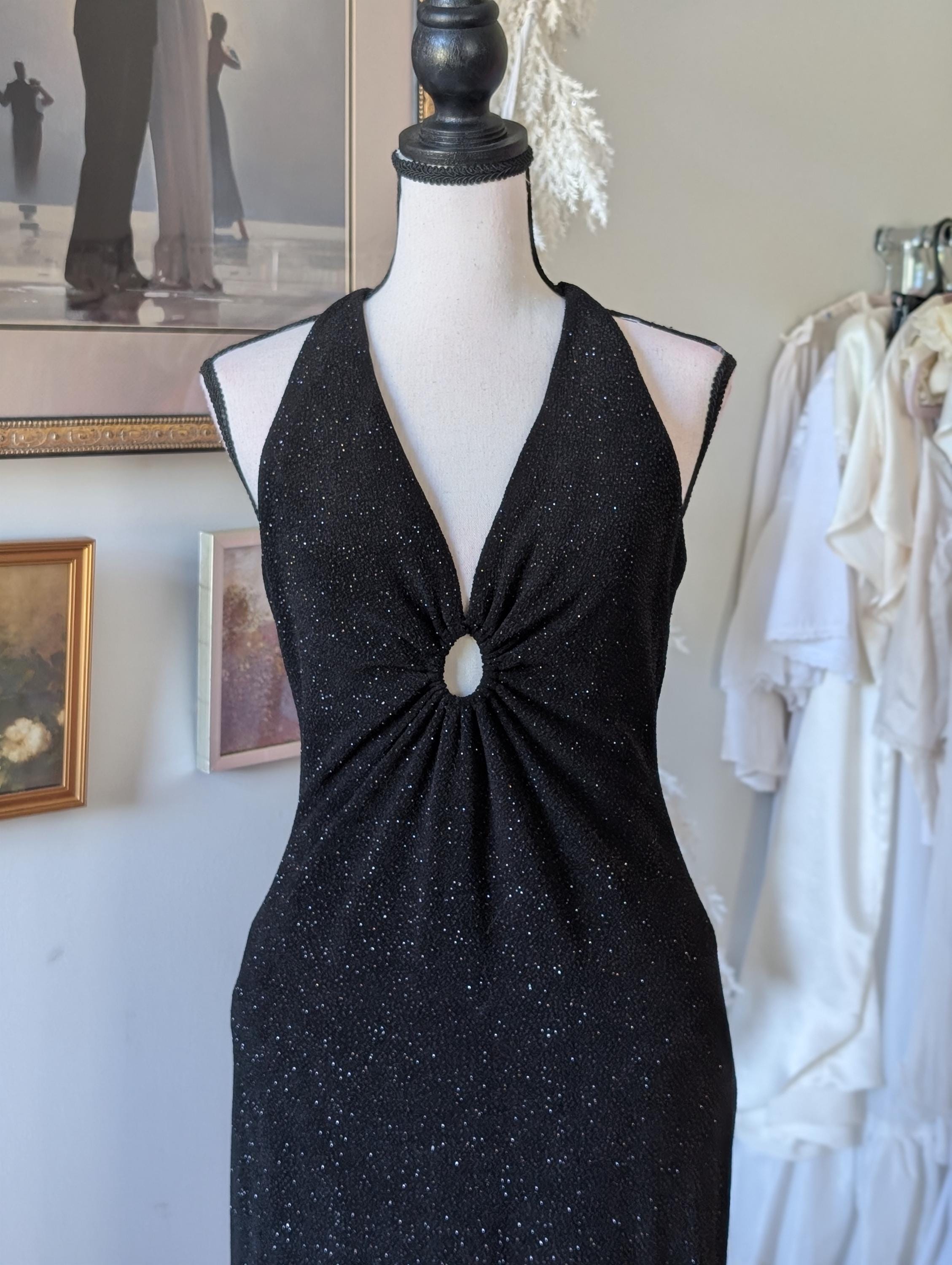 Vintage 1970s Black Glitter Halter Gown – Keyhole Front, Backless