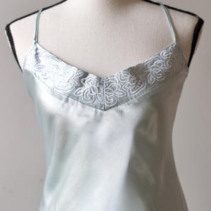 Vintage Icy Blue Satin Slip Dress with White Embroidered Floral Print, 90s Satin Nightgown | Size S M