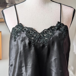 Vintage 1980s Victoria&#39;s Secret Black Silk Camisole Gold Label, Beaded Lace Trim, Spaghetti Straps, Luxe Lingerie Top, Size M/L