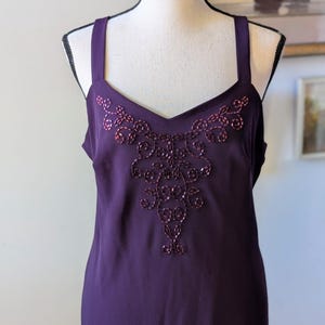 Vintage Y2K Plum Purple Maxi Slip Dress & Shawl – Metallic Beaded Bodice, Formal Evening Gown, Wedding Guest Dress