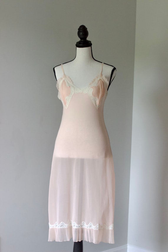 Coral Dream - 70s Sheer Slip Dress with Pleated Ac
