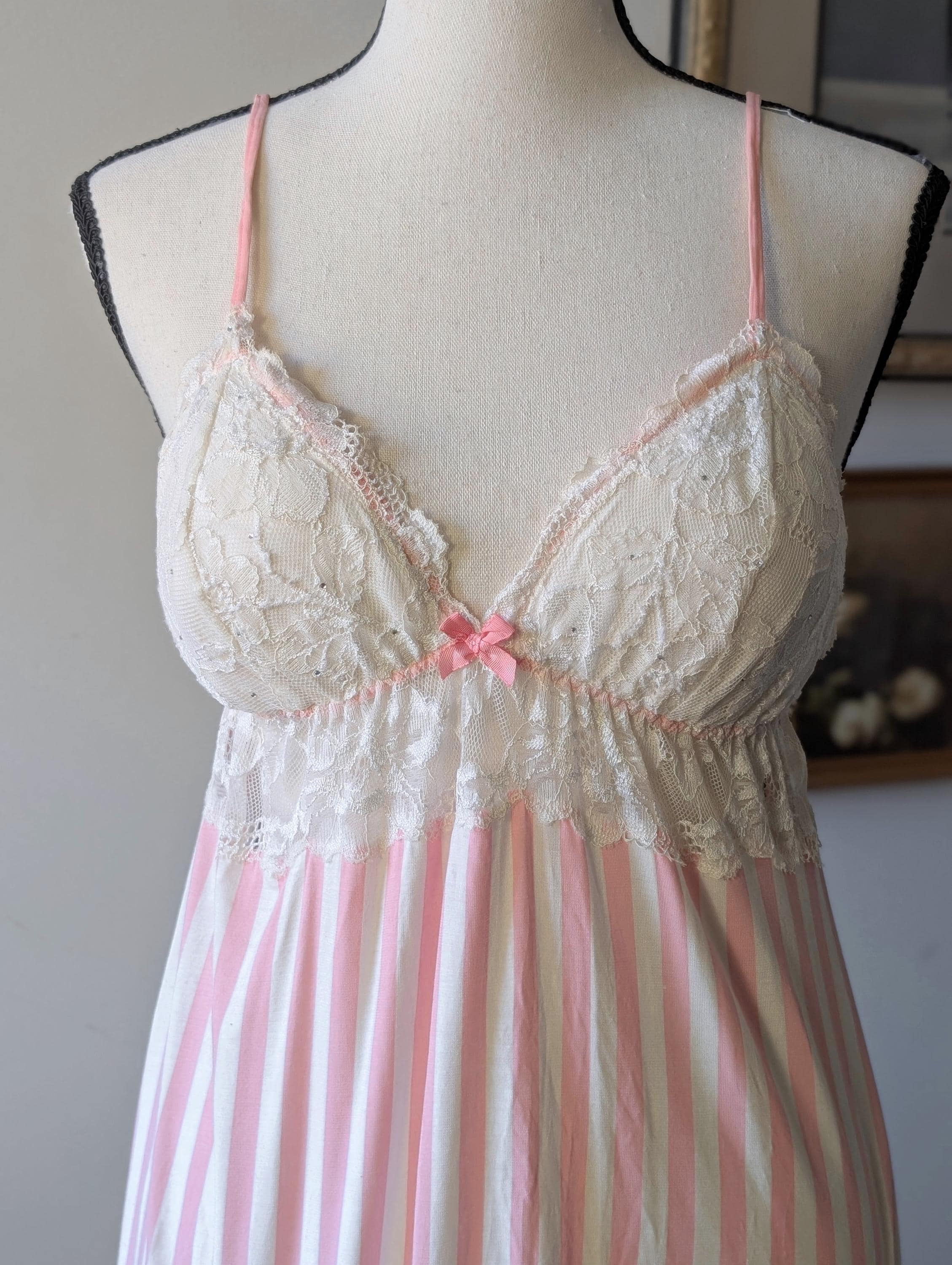 Vintage Victoria's Secret Pink Striped Slip • Lace Cup Chemise Nightgown • Y2K 2000s Lingerie Size Large