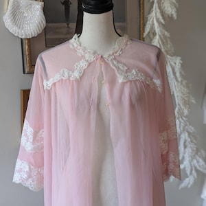 Vintage 1960s Pink Sheer Chiffon Long Robe – Lace Trim Peignoir, Sheer Nylon Loungewear, Bridal Boudoir Dressing Gown, Romantic Sleepwear