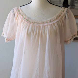 Vintage 60s Sheer Peach Midi Slip Dress with Embroidered Roses | Size S
