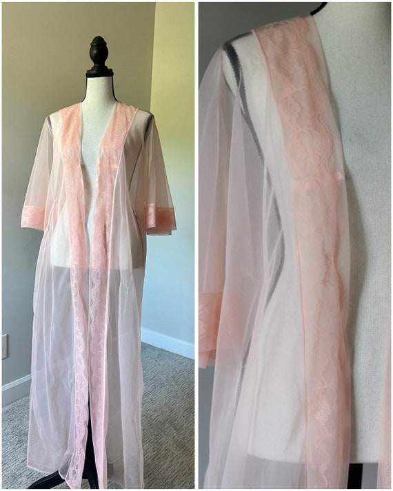 Blush Whispers - 80s Sheer Pink Robe with Pink Lac