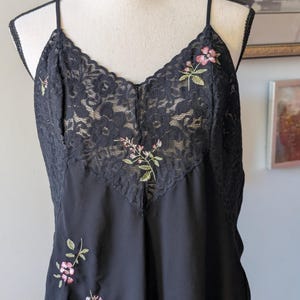 Oscar de la Renta Pink Label Black Lace Slip Dress Floral Embroidered Nightgown Chemise Size L Lingerie Sleepwear